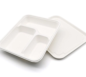 3 Compartment Food Tray Eco-friendly Good Locking Biodegradable Heat Resistant Take out Bagasse Fiber