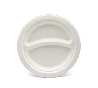 9 inch Biodegradable Portable Oil proof Stackable Leak-proof Take out Bagasse Fiber 2 Compartment Round plate
